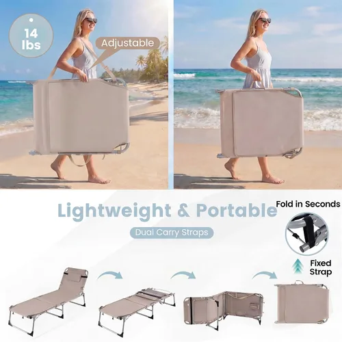Miniatura 8 de Giantex Silla bronceadora, silla de playa de 330 libras con 5 posiciones ajustables, agujero para cara y brazo, correa para manos/hombros, almohada
