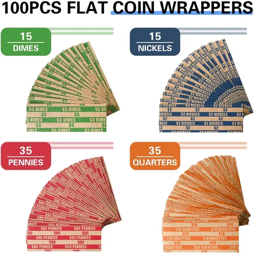 Miniatura 3 de ESSENTIAL 100 piezas surtidas de envoltorios planos de monedas, envoltorios de rollos de monedas para cuartos, diez centavos, cinco centavos y un