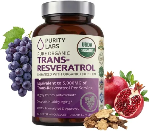 Purity Labs Suplemento Puro Orgánico de Trans Resveratrol con Quercetina, Suplementos Nutricionales Veganos Antioxidantes para el Corazón, Piel,