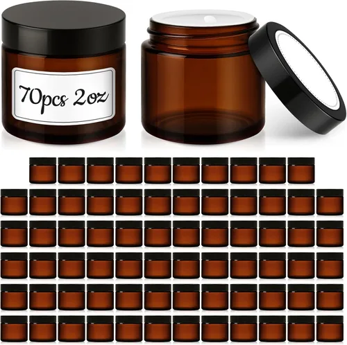 Bumobum Paquete de 70 frascos de vidrio pequeños de 2 onzas con tapas, tarros cosméticos de vidrio ámbar con revestimientos internos, recipientes