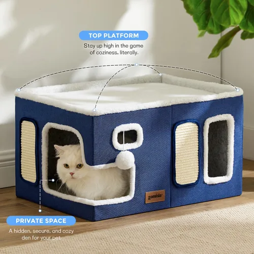 Miniatura 6 de ZOMISIA Casa térmica para gatos de interior – Cama grande de calentamiento para gatos para invierno con bola esponjosa colgante y almohadilla