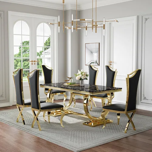 Juego de mesa de comedor de mármol de 70 pulgadas para 6, mesa de cocina grande y sillas de cuero negro, mesas de comedor modernas negras y doradas