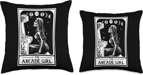 Miniatura 3 de The Arcade Girl Retro Arcade Gaming 80s Tarot Card Skeleton Throw Pillow