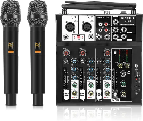 Mezclador de audio de 4 canales, mezclador de karaoke con micrófonos inalámbricos duales, tablero de sonido profesional, consola de mezcla de DJ,