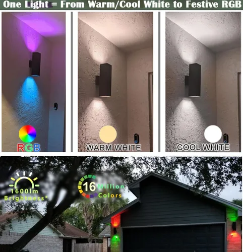Miniatura 4 de rosykite Lámparas de pared exteriores blancas sintonizables de 1200 lm, luces RGB para exteriores, paquete de 2 unidades, iluminación exterior