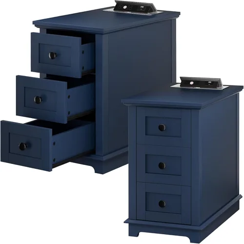 Miniatura 8 de HIFYOBRO - Mesa auxiliar con 3 cajones y estación de carga con tapa abatible, mesa auxiliar con almacenamiento, mesita de noche estrecha de madera