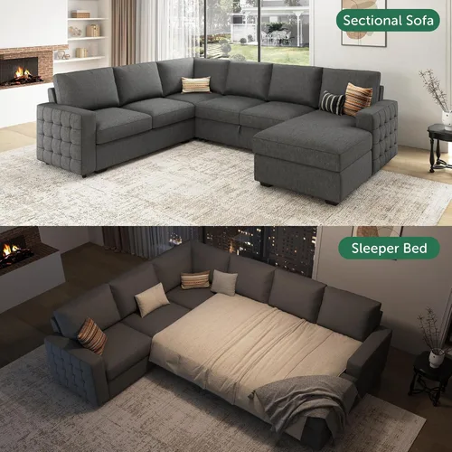 Miniatura 3 de HONBAY Sofá Seccional Sleeper con Cama Extraíble Sofá Seccional en Forma de U Cama Sleeper con Chaise de Almacenamiento Sofá Seccional Sleeper de 6