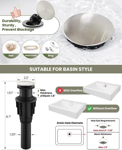 Miniatura 6 de gotonovo Grifo de lavabo de un solo mango, grifo de baño alto de un agujero, moderno lavabo mezclador, mangueras de suministro a juego y drenaje