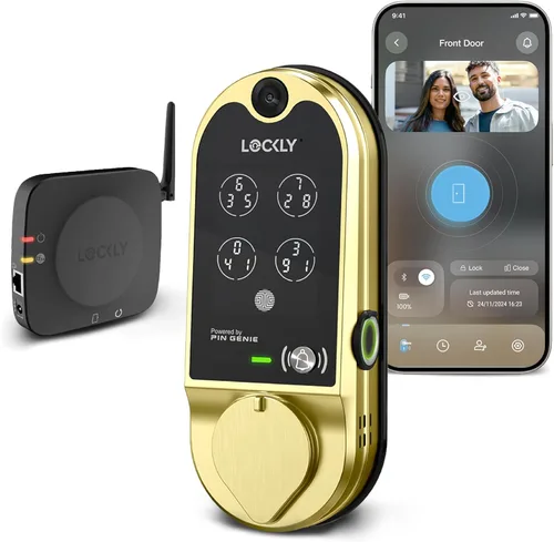 Lockly Vision Smart Lock con timbre de video HD, cerradura de puerta de huellas dactilares para puerta delantera, teclado de pantalla táctil,