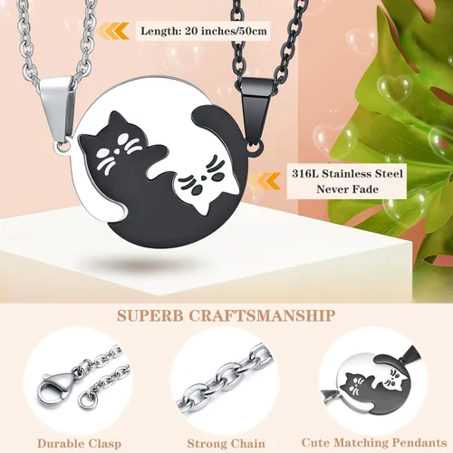 Miniatura 3 de Collar a Juego para Parejas, Collar Personalizado con Colgante de Gato Mascota Yin Yang, Collares de Promesa de Novio y Novia para Él y Ella, Regalo