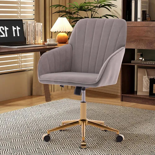 Miniatura 8 de Silla de oficina en casa, silla giratoria de terciopelo para escritorio, sillón tapizado moderno con base dorada para niñas y mujeres, asiento
