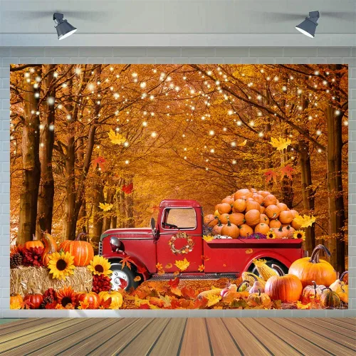 Telón de fondo de fotografía de otoño de 8 x 6 pies, hojas de bosque de arce, automóvil, calabaza, amigos, fondo, suministros de fiesta de Acción de