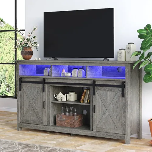 Miniatura 10 de Soporte de TV LED Estilo Casa de Campo para TVs de 65 pulgadas, Centro de Entretenimiento Rústico Soportes de Gabinete de TV con Tomas de Corriente