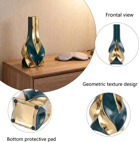 Miniatura 5 de Jarrón de cerámica verde y dorado de 10.6 pulgadas, moderno jarrón de flores geométrico para centro de mesa de comedor, elegante jarrón decorativo