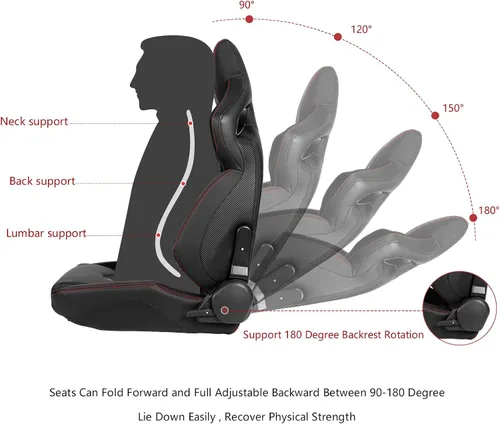 Miniatura 4 de IKON MOTORSPORTS, Asiento universal de carreras PU + cuero de carbono + gamuza, con deslizadores dobles, asiento deportivo reclinable negro