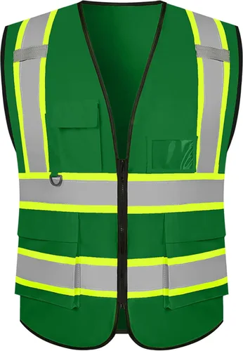 Miniatura 24 de Chaleco de seguridad personalizable con logotipo con 5 bolsillos y cremallera reflectante de alta visibilidad clase 2 ropa de trabajo al aire libre