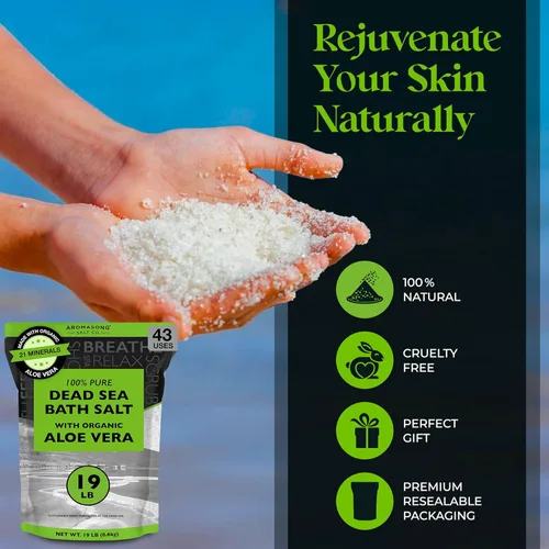 Miniatura 5 de Aromasong Sal del Mar Muerto con aloe vera orgánico, sales de baño de spa, paquete resellable fino a granel de 19 libras, 100% pura y natural