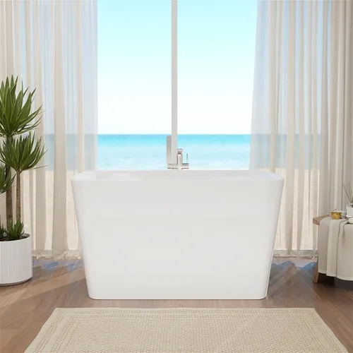 Miniatura 2 de Bañera independiente de acrílico Lucite de 47 pulgadas, bañera de remojo japonesa de forma cuadrada con diseño de asiento, desagüe cromado derecho