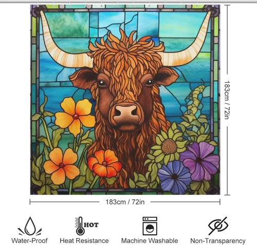 Miniatura 6 de Highland - Cortina de ducha de vaca para baño, diseño de hojas de flores, juego de cortina de ducha estilo bohemio, tela abstracta de animales