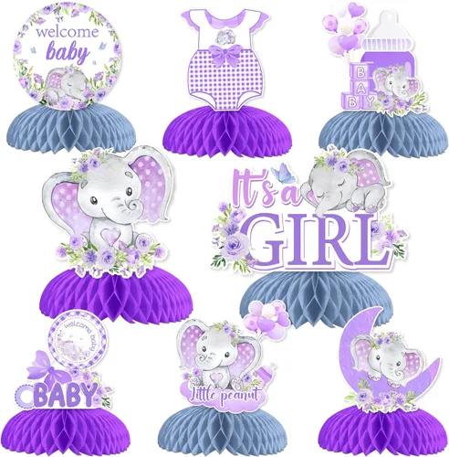 8 piezas de centro de mesa de elefante para baby shower, diseño de panal de abeja, decoración de fiesta de baby shower, color morado, elefante