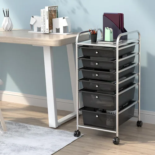 Miniatura 4 de Happygrill Carrito organizador de 6 cajones, carrito de almacenamiento móvil con cajones extraíbles y ruedas con cerradura, carrito de Negro