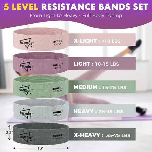 Miniatura 2 de WSAKOUE Bandas de Resistencia de Tela para Entrenamiento – 5 Bandas de Glúteos para Mujeres y Hombres, Bandas de Ejercicio para Piernas, Caderas