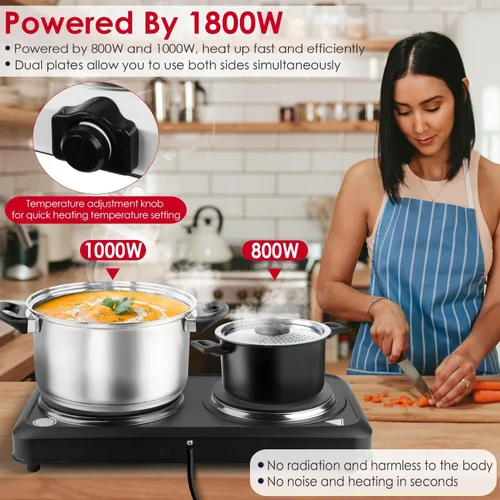 Miniatura 2 de TeqHome Quemador doble infrarrojo para encimera, placa eléctrica de 1800 W con placa de cocina de vidrio de cerámica de 7.5 pulgadas, temperatura