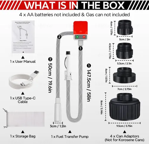 Miniatura 9 de HiNADA Bomba de transferencia de combustible de parada automática: USB tipo C o alimentación de batería, portátil de 3.2 GPM con manguera extra