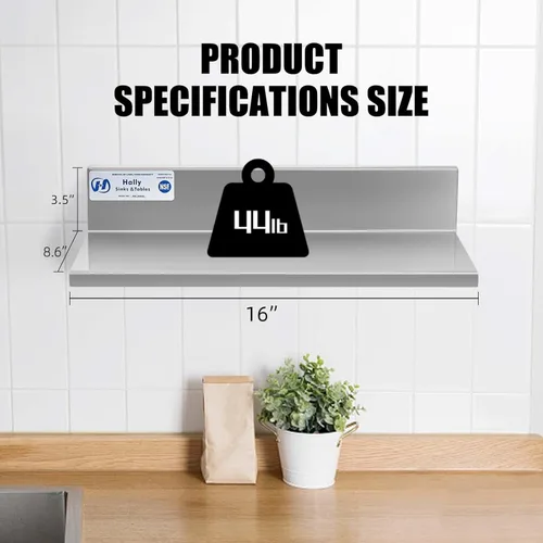 Miniatura 3 de HALLY Estante de pared de acero inoxidable de 8.6 x 16 pulgadas, 44 libras, estante flotante de montaje en pared comercial resistente NSF