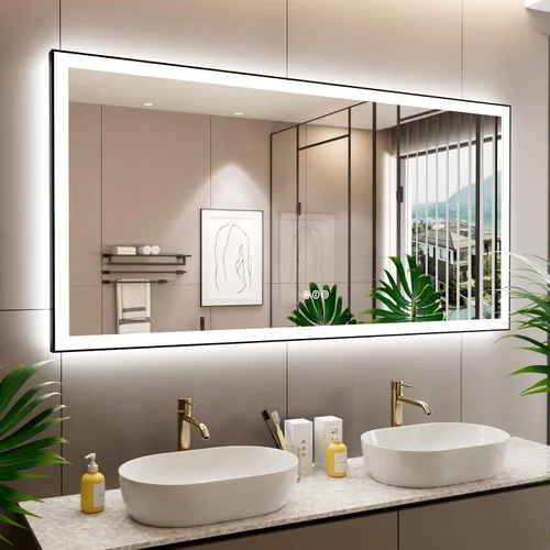 Miniatura 62 de Espejo de baño LED de 60x36 pulgadas con marco negro, espejos de baño retroiluminados y con luz frontal para pared, antiempañamiento, regulable