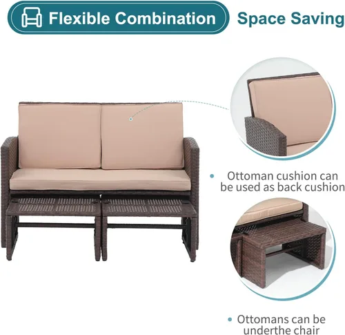 Miniatura 3 de OC Orange-Casual Juego de muebles de patio de 3 piezas para exteriores, juego de muebles de mimbre para todo tipo de clima, con otomana/mesa Marrón