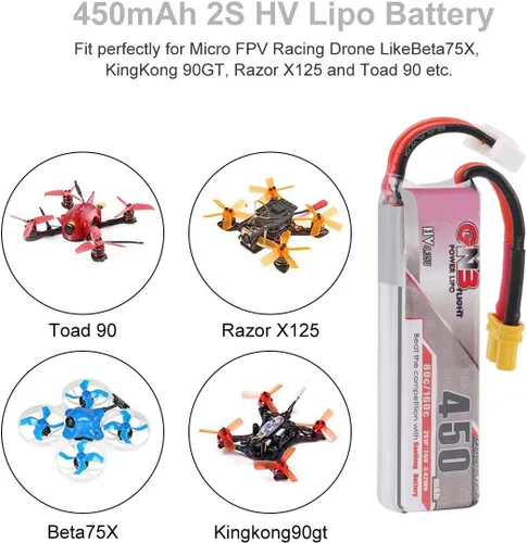 Miniatura 5 de Crazepony 2S HV LiPo Batería, 7.6V 450mAh 80/160C XT30 Plug para basureros Larva X Micro FPV Racing Drone Quadcopter - 2 piezas