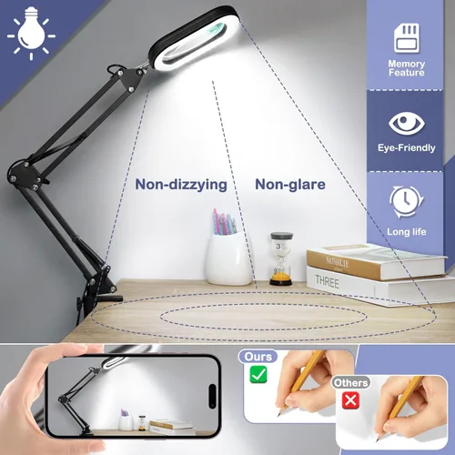 Miniatura 5 de Drdefi Lupa cuadrada de 10X con luz y soporte, lupa de cristal real iluminada con LED, 5 modos de color regulable continuo, lámpara de escritorio