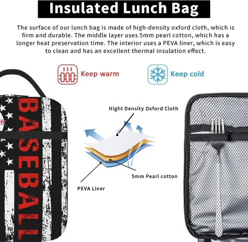Miniatura 5 de Lonchera de béisbol con bandera estadounidense para hombres y mujeres, pequeña bolsa de almuerzo para oficina, trabajo, picnic, reutilizable, 15