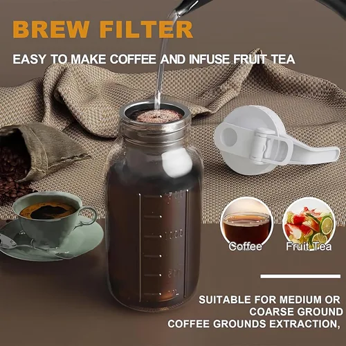 Miniatura 6 de JunVpic Tarro para cafetera fría – Tapa multiusos de vidrio grueso de 64 onzas con asa y filtro de acero inoxidable para café helado, limonada, té