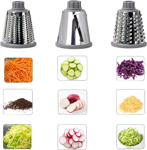 Miniatura 6 de Dachenus Rallador de queso, rotativo, triturador de queso versátil, cuchillas para triturar, rallar, rebanar, triturador de queso con base de Gris