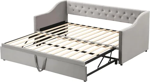 Miniatura 6 de Harper & Bright Designs Sofá cama extensible de terciopelo de tamaño individual con nido desplegable, marco de sofá cama individual a King con Gris