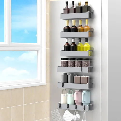 Miniatura 19 de HuggieGems Paquete de 4 organizadores magnéticos para especias para refrigerador y horno, organizadores de nevera gris claro y almacenamiento