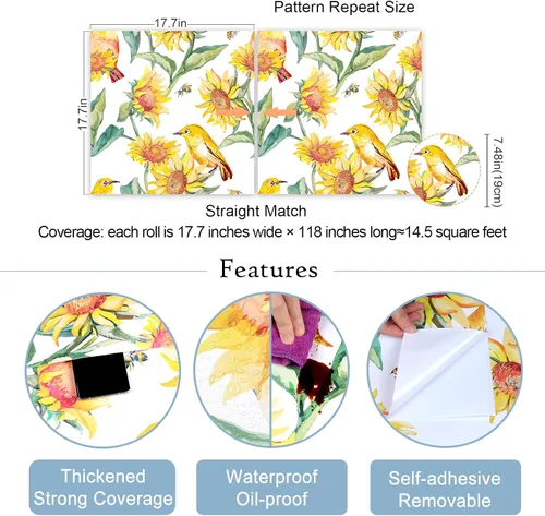 Miniatura 9 de VaryStyle Papel tapiz vintage de girasol de 17.7 x 118 pulgadas, acuarela amarillo brillante/verde, pájaros florales, despegar y pegar, papel