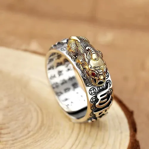 Miniatura 2 de RUIFUU Feng Shui Pixiu Mantra Anillo Lucky Wealth Love Health Anillo Budista Joyería para Hombres Mujeres, Cobre, oro, plata