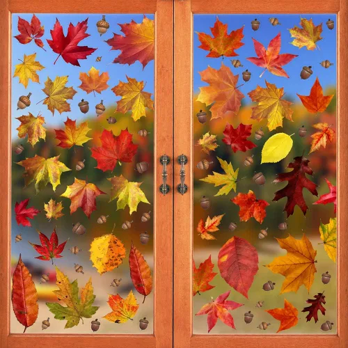 CCINEE 216 calcomanías de arce para ventana, 6 hojas de otoño, hojas de roble y bellotas surtidas, calcomanías para ventana de otoño, Acción de 216