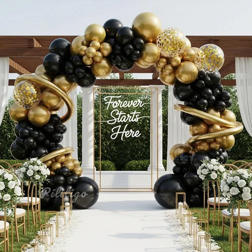 Miniatura 7 de Kit de arco de globos negros y dorados, 114 piezas de oro negro con confeti y globos largos para decoraciones de graduación 2026, cumpleaños