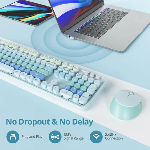 Miniatura 3 de Teclado y mouse azules, bonito combo de teclado y mouse inalámbricos, teclado de máquina de escribir de tamaño completo con teclado numérico, azul