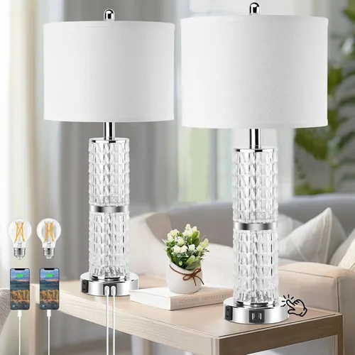 Miniatura 9 de Juego de 2 lámparas de mesa de granja de 27.5 pulgadas, lámparas rústicas de dormitorio para mesita de noche con carga USB doble, lámparas