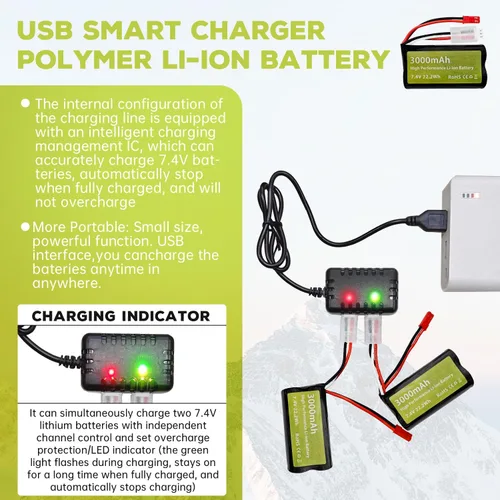 Miniatura 3 de Batería de iones de litio de 7.4 V 3000 mAh 15C 2S con enchufe JST-2P con cargador 2 en 1 para UDIRC UD1601 UD1602 SG1603 RC Car 1/10, 1/12, 1/16