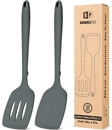 Paquete de 2 espátulas volteadoras de silicona, juego de espátulas de cocina ranuradas antiadherentes, utensilios de cocina resistentes al calor sin