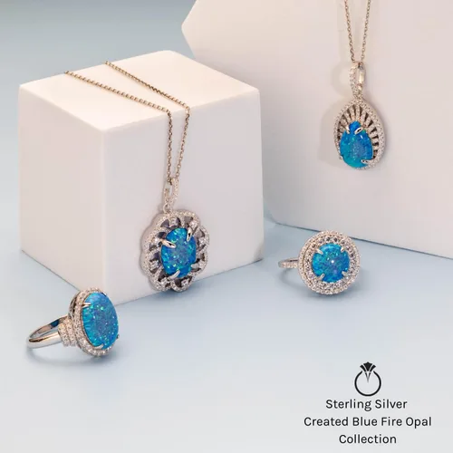 Miniatura 4 de Peora Collar con colgante victoriano de ópalo de fuego azul creado para mujer, plata de ley 925, forma ovalada grande de 2.25 quilates, 0.551 x