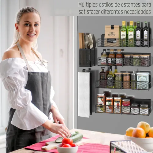 Miniatura 6 de Estante magnético para especias para refrigerador, paquete de 6 estantes magnéticos fuertes 100% de metal, negro, organizador de especias que ahorra