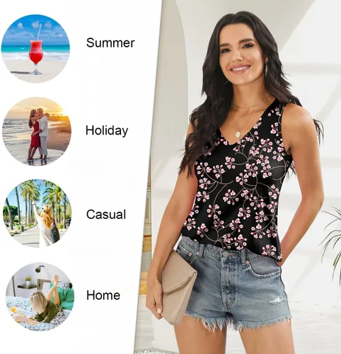 Miniatura 4 de LONGYUAN - Camisetas sin mangas de verano para mujer con diseño casual y holgado, blusa tipo túnica con cuello en V y aberturas laterales