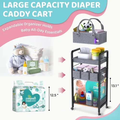 Miniatura 3 de Organizador de Pañales para Bebé 2 en 1 - Carrito de Almacenamiento Rodante de 3 Niveles con Divisores - Carrito de Pañales de Cabecera para Negro